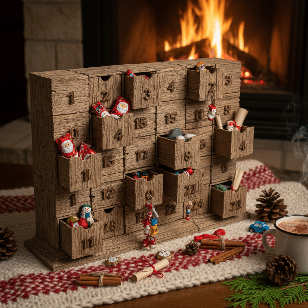 image Wooden advent calendar with festive treats in front of a cozy fireplace, surrounded by pinecones and a warm cup of cocoa. | Sky Rye Design Wooden advent calendar with festive treats in front of a cozy fireplace, surrounded by pinecones and a warm cup of cocoa.