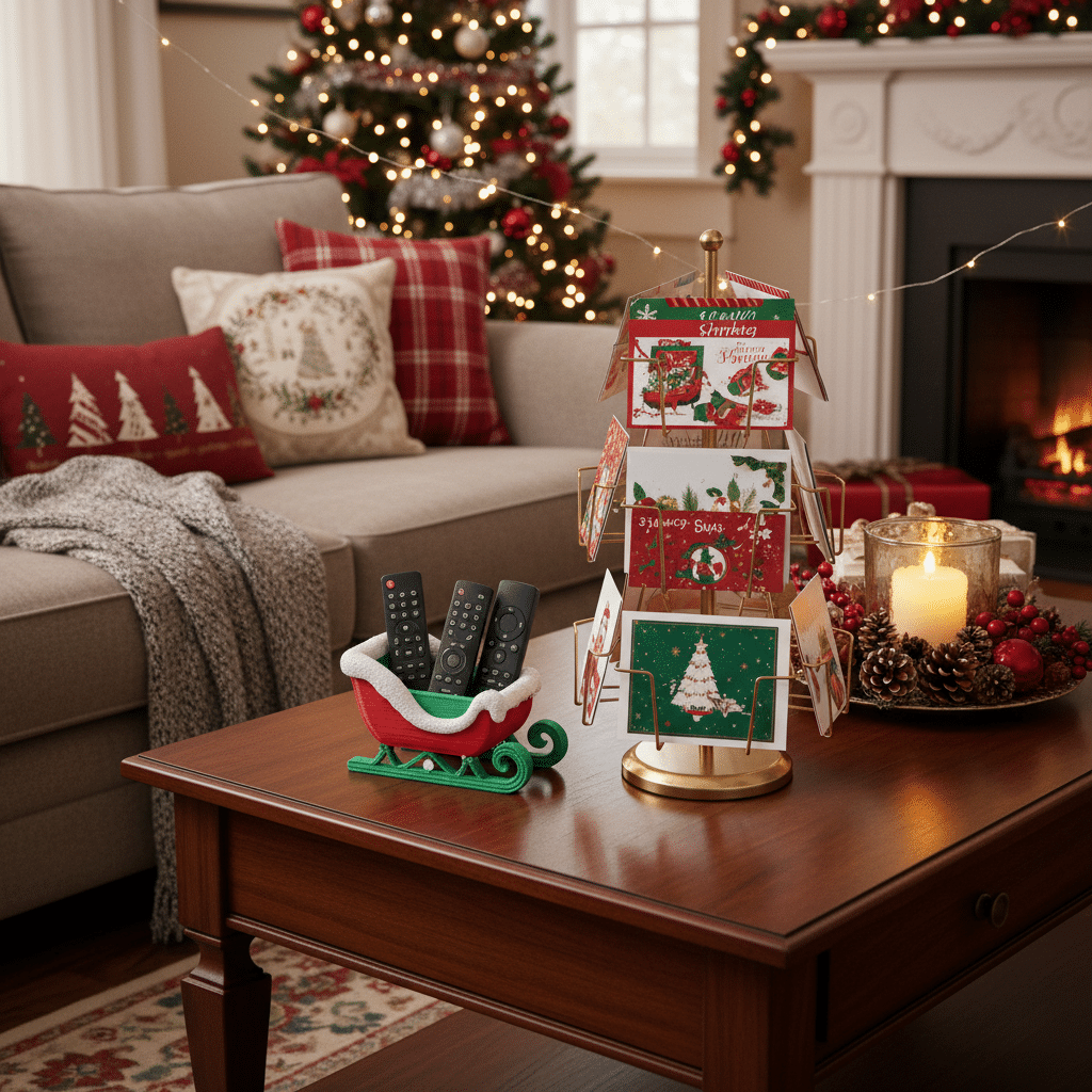 image Cozy Christmas living room with festive decor, greeting cards on a stand, and a warm fireplace, creating a cheerful holiday atmosphere. | Sky Rye Design Cozy Christmas living room with festive decor, greeting cards on a stand, and a warm fireplace, creating a cheerful holiday atmosphere.