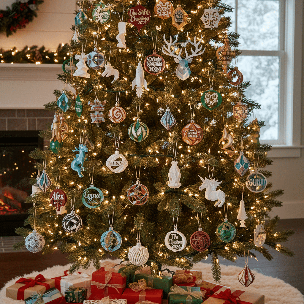 image Decorated Christmas tree with ornaments and lights, surrounded by wrapped gifts, creating a festive holiday ambiance in the living room. | Sky Rye Design Decorated Christmas tree with ornaments and lights, surrounded by wrapped gifts, creating a festive holiday ambiance in the living room.