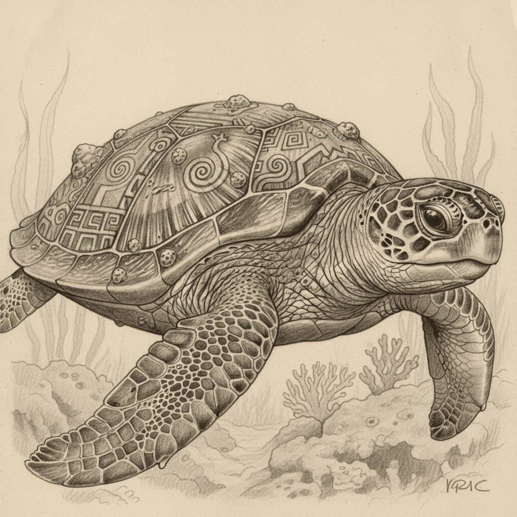 image Intricate pencil drawing of a turtle with a detailed, patterned shell and textured skin, swimming gracefully underwater. | Sky Rye Design Intricate pencil drawing of a turtle with a detailed, patterned shell and textured skin, swimming gracefully underwater.