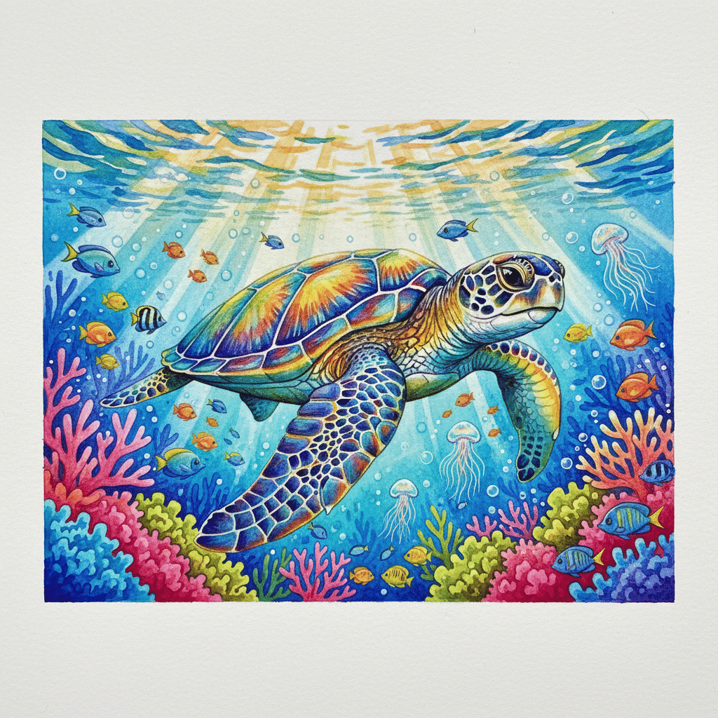 image Colorful sea turtle swims in vibrant coral reef with diverse fish and jellyfish, illuminated by sun rays through clear blue water. | Sky Rye Design Colorful sea turtle swims in vibrant coral reef with diverse fish and jellyfish, illuminated by sun rays through clear blue water.