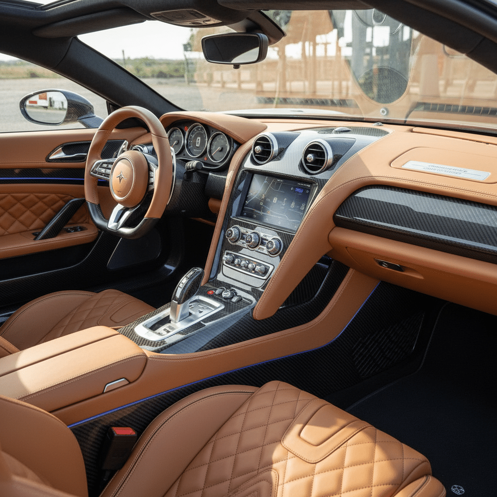 image Luxury sports car interior with quilted tan leather seats, advanced dashboard, and steering wheel, showcasing modern design and technology. | Sky Rye Design Luxury sports car interior with quilted tan leather seats, advanced dashboard, and steering wheel, showcasing modern design and technology.