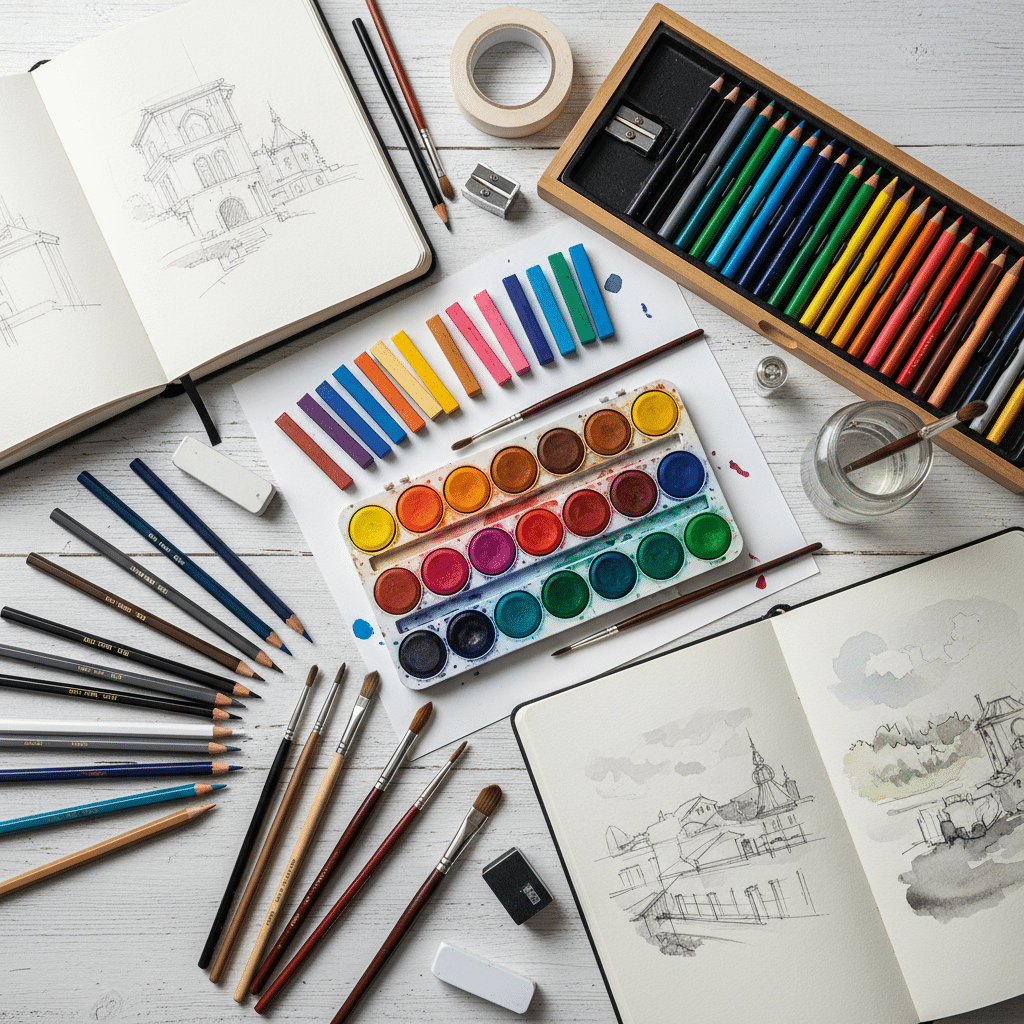 image Assorted art supplies including colored pencils, watercolors, brushes, and sketchbooks on a white desk, ready for creative projects. | Sky Rye Design Assorted art supplies including colored pencils, watercolors, brushes, and sketchbooks on a white desk, ready for creative projects.