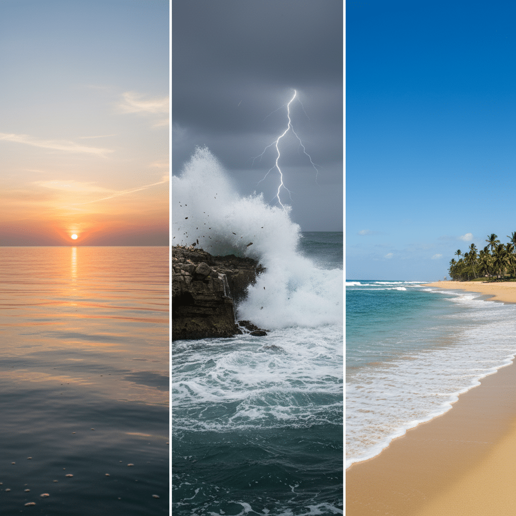 image Serene ocean sunrise, dramatic lightning storm hitting waves on rocks, and tranquil tropical beach with palm trees under clear blue sky. | Sky Rye Design Serene ocean sunrise, dramatic lightning storm hitting waves on rocks, and tranquil tropical beach with palm trees under clear blue sky.