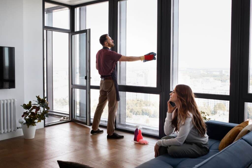 Person cleaning large apartment windows with a cloth while another person sits on the couch in a modern living room with a city view.