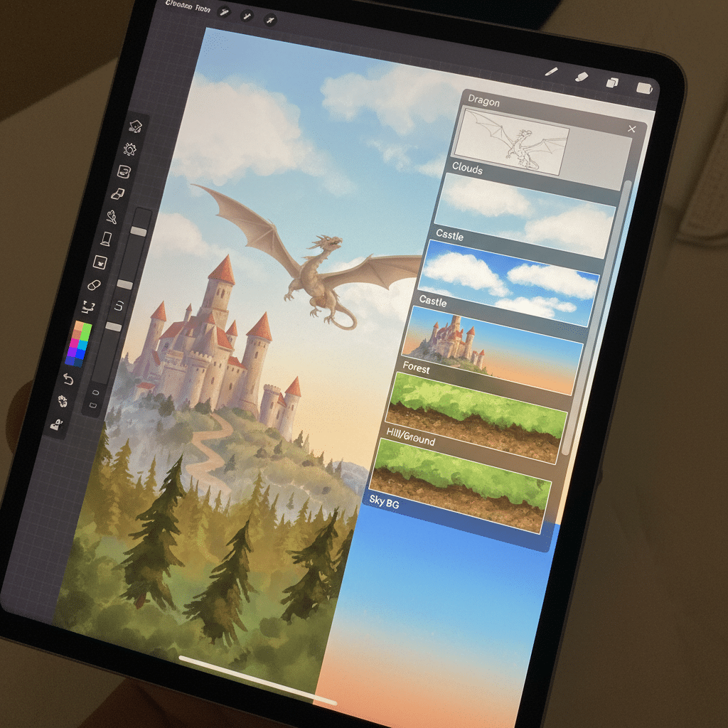 image Digital painting on tablet showing a dragon flying over a medieval castle with layers for clouds and forest. | Sky Rye Design Digital painting on tablet showing a dragon flying over a medieval castle with layers for clouds and forest.