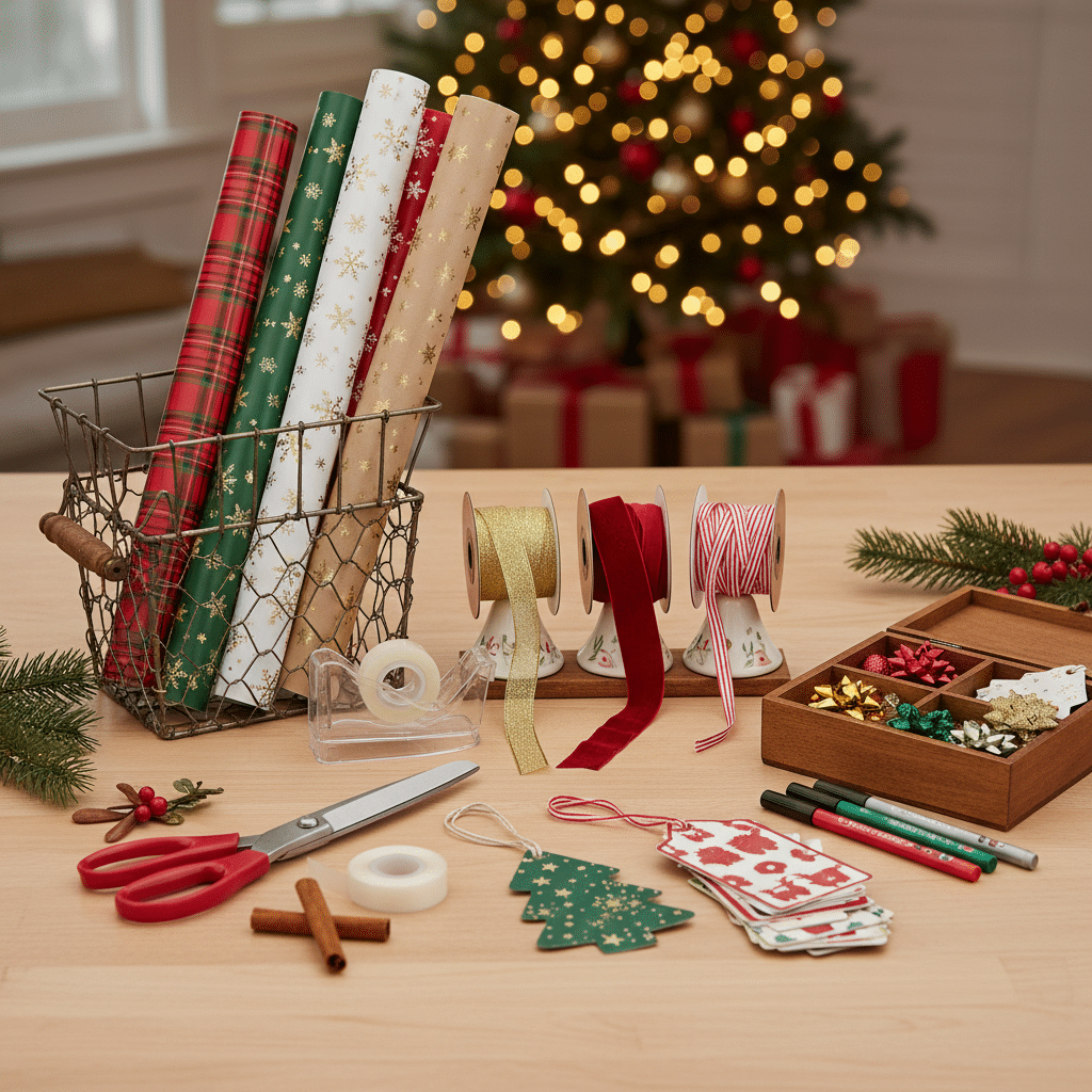 image Christmas wrapping station with festive paper, ribbons, and tags, ready for gift wrapping. Blurred tree and gifts in background. | Sky Rye Design Christmas wrapping station with festive paper, ribbons, and tags, ready for gift wrapping. Blurred tree and gifts in background.