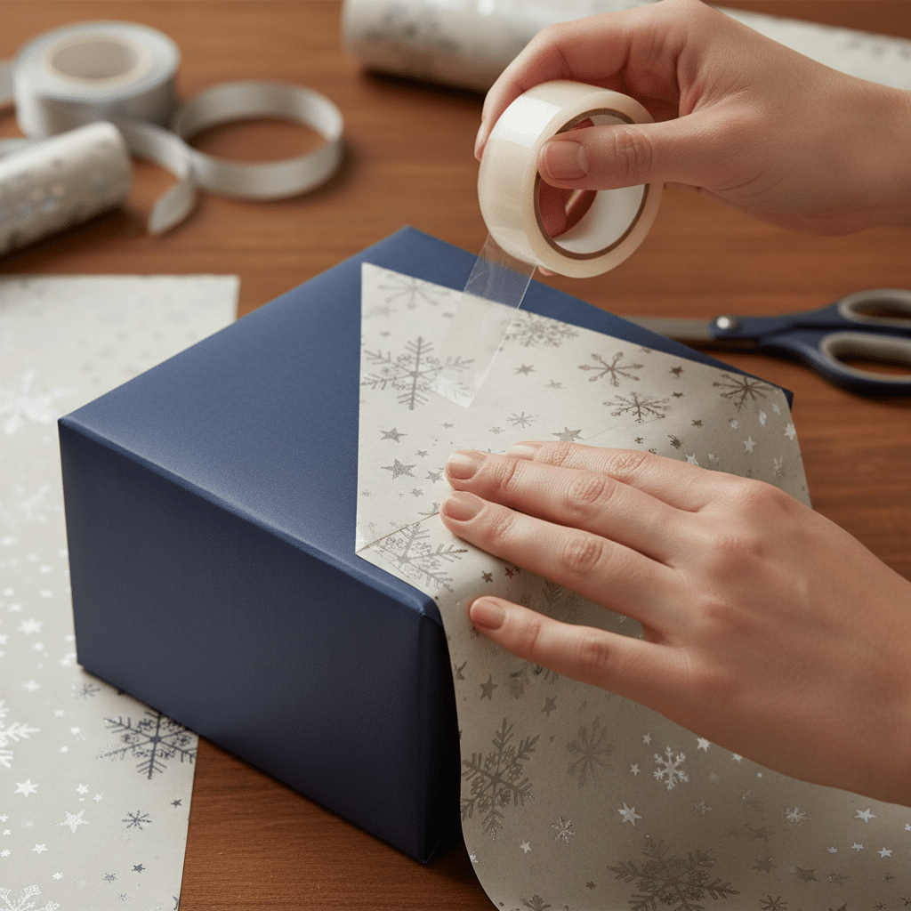 image Hands wrapping a gift box with silver snowflake paper and tape. Holiday gift wrapping tutorial, festive decorations, DIY crafts. | Sky Rye Design Hands wrapping a gift box with silver snowflake paper and tape. Holiday gift wrapping tutorial, festive decorations, DIY crafts.