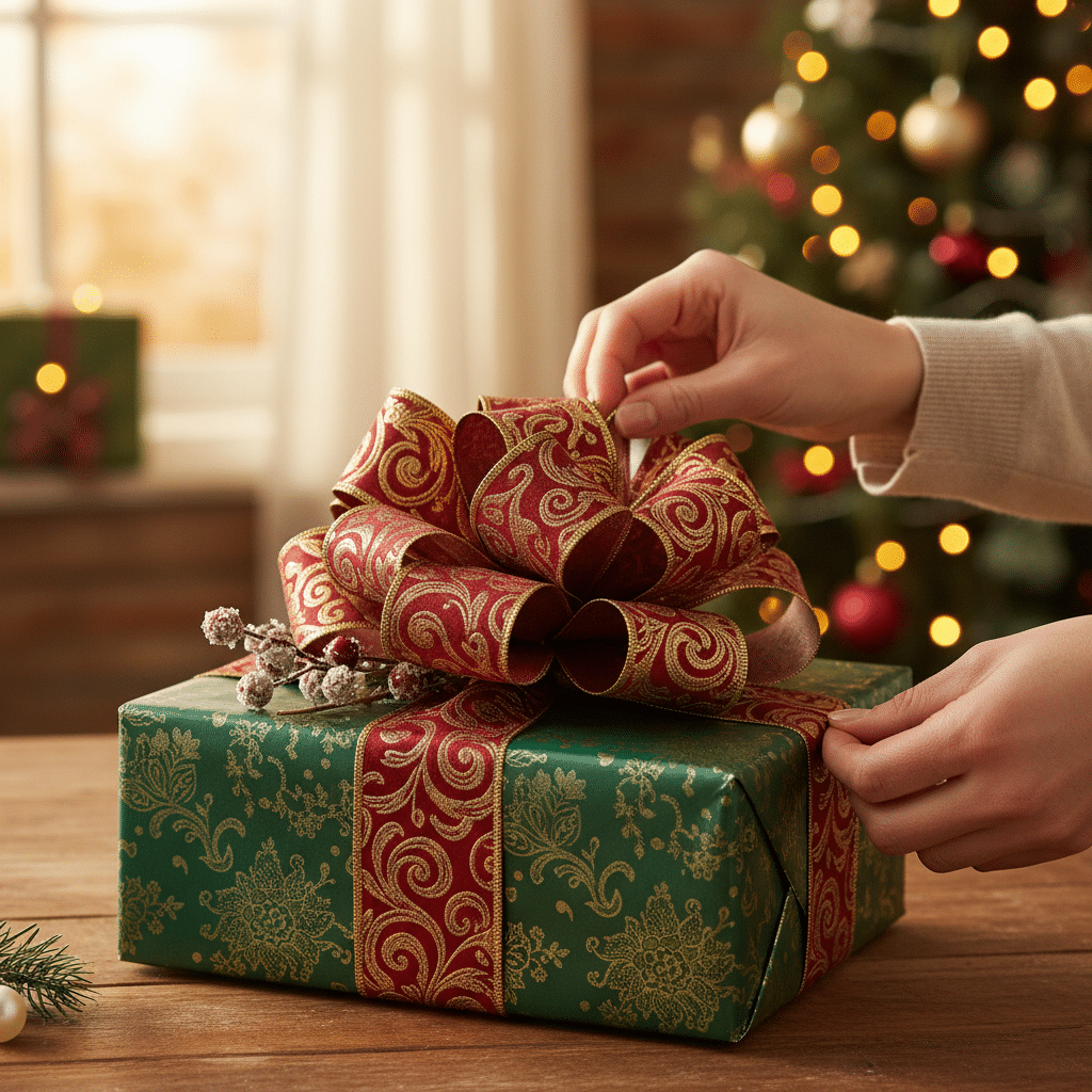 image Hands decorating a festive Christmas gift with a red and gold bow, set against a warm holiday backdrop and twinkling tree lights. | Sky Rye Design Hands decorating a festive Christmas gift with a red and gold bow, set against a warm holiday backdrop and twinkling tree lights.