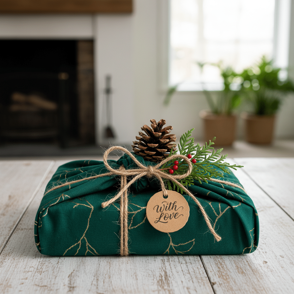 image Eco-friendly gift wrapped in green fabric with pinecone and foliage decoration, labeled With Love, on rustic wooden table. | Sky Rye Design Eco-friendly gift wrapped in green fabric with pinecone and foliage decoration, labeled With Love, on rustic wooden table.