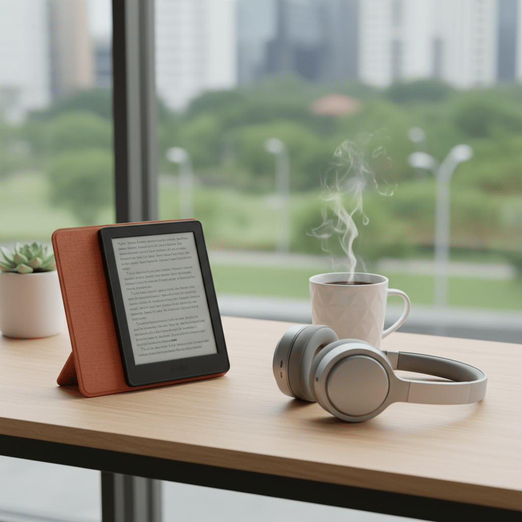 image E-reader on a table with headphones, a steaming coffee mug, and a plant, set against a city view from a large window. | Sky Rye Design E-reader on a table with headphones, a steaming coffee mug, and a plant, set against a city view from a large window.