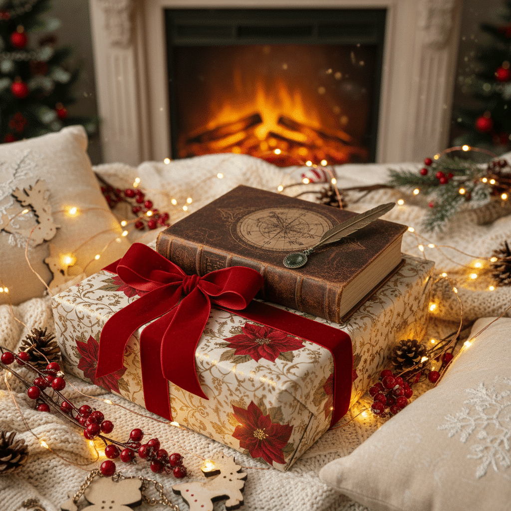 image Cozy holiday scene with wrapped gift, vintage book, quill, and festive decor by a warm fireplace. Perfect Christmas ambiance. | Sky Rye Design Cozy holiday scene with wrapped gift, vintage book, quill, and festive decor by a warm fireplace. Perfect Christmas ambiance.