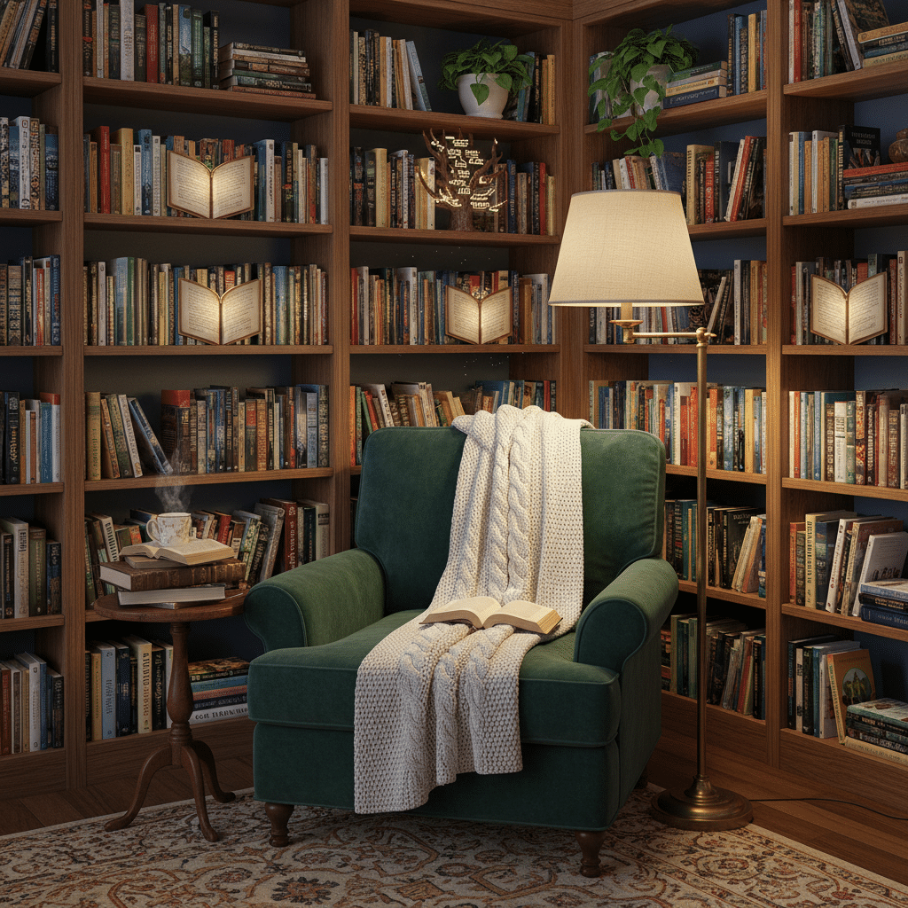 image Cozy reading nook with plush green chair, draped blanket, open book, and warm lighting, surrounded by a wooden bookshelf filled with books. | Sky Rye Design Cozy reading nook with plush green chair, draped blanket, open book, and warm lighting, surrounded by a wooden bookshelf filled with books.