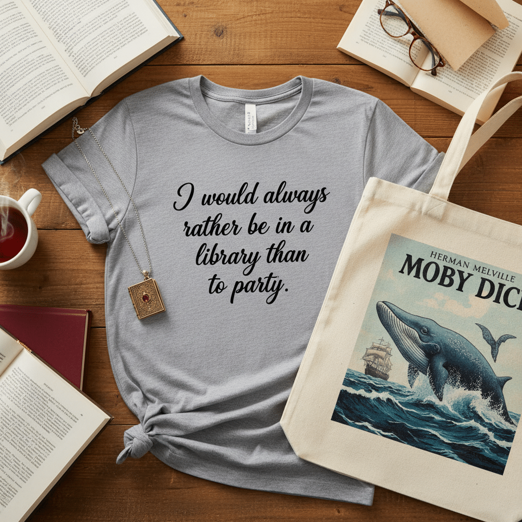 image Cozy reading setup with books, tea, a literary-themed t-shirt, and a Moby Dick tote bag on a wooden table. Perfect for book lovers. | Sky Rye Design Cozy reading setup with books, tea, a literary-themed t-shirt, and a Moby Dick tote bag on a wooden table. Perfect for book lovers.