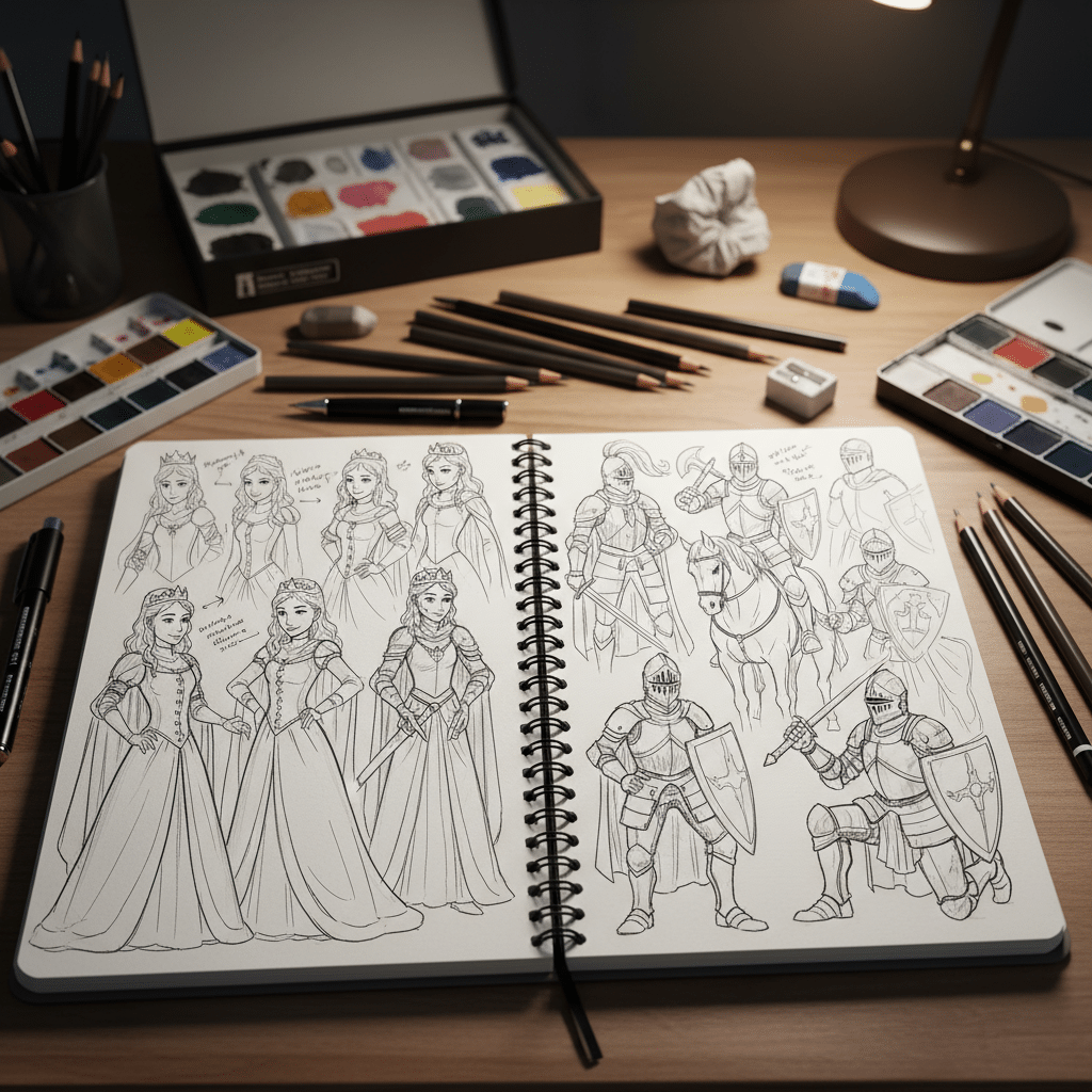 image Sketchbook open on desk with princesses and knights drawn; surrounded by pencils, watercolors, and a lamp. Creative art scene. | Sky Rye Design Sketchbook open on desk with princesses and knights drawn; surrounded by pencils, watercolors, and a lamp. Creative art scene.