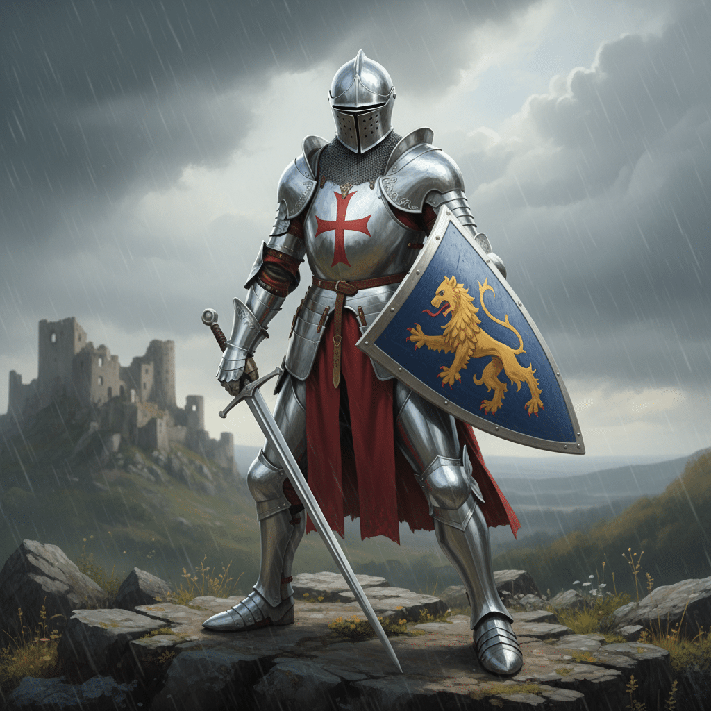 image Knight in shining armor with sword and lion-emblazoned shield, standing on rocky terrain with a castle in the background under a cloudy sky. | Sky Rye Design Knight in shining armor with sword and lion-emblazoned shield, standing on rocky terrain with a castle in the background under a cloudy sky.