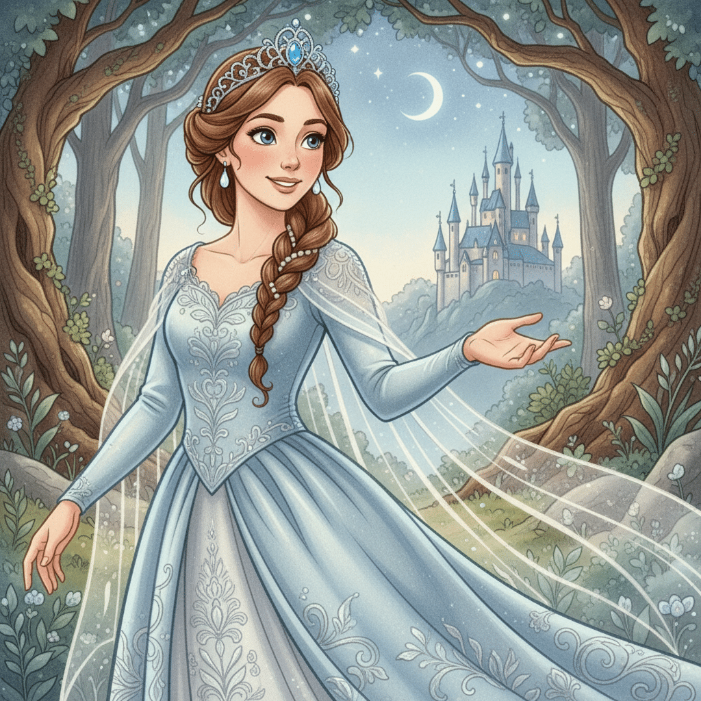 image Fairy tale princess in blue gown with tiara, standing in moonlit forest near majestic castle, enchanting fantasy scene. | Sky Rye Design Fairy tale princess in blue gown with tiara, standing in moonlit forest near majestic castle, enchanting fantasy scene.