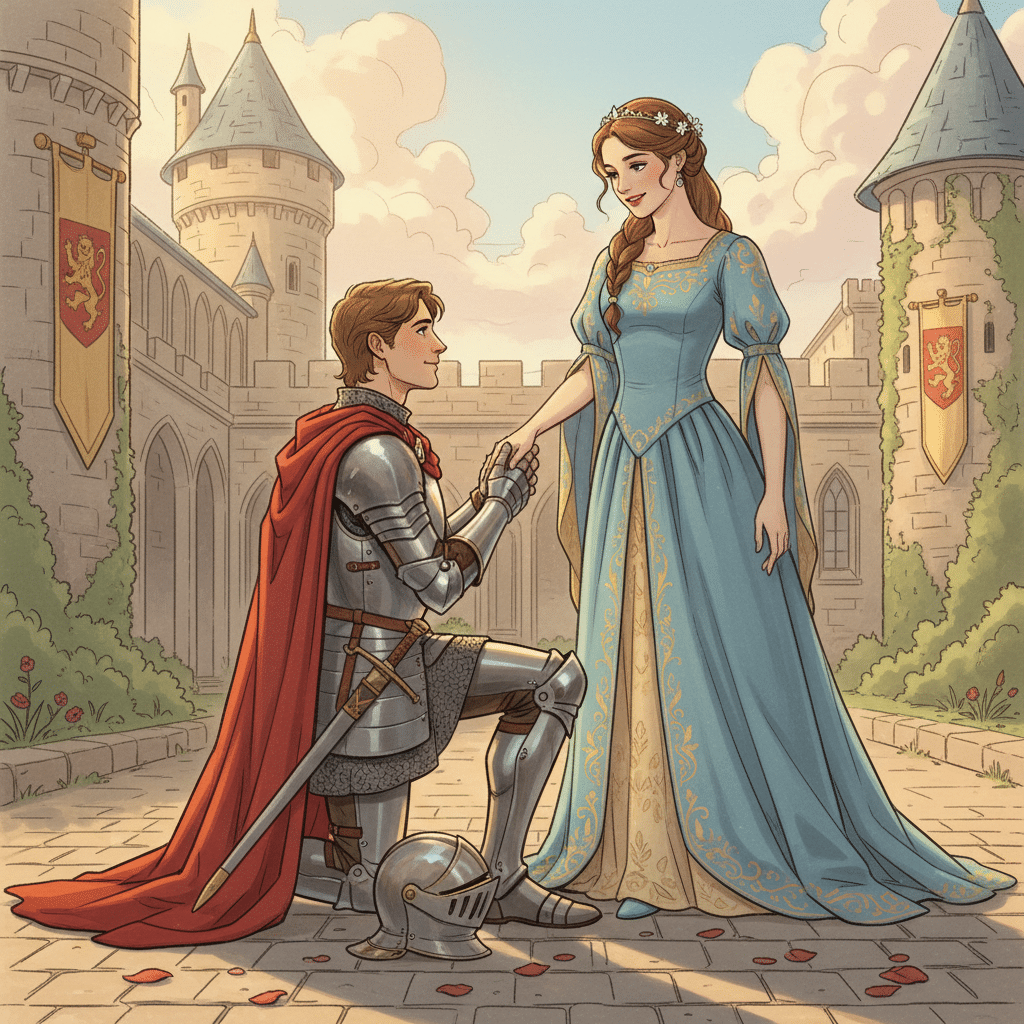image Knight kneeling before a princess in a medieval castle courtyard, symbolizing chivalry and romance, under a bright, cloud-filled sky. | Sky Rye Design Knight kneeling before a princess in a medieval castle courtyard, symbolizing chivalry and romance, under a bright, cloud-filled sky.