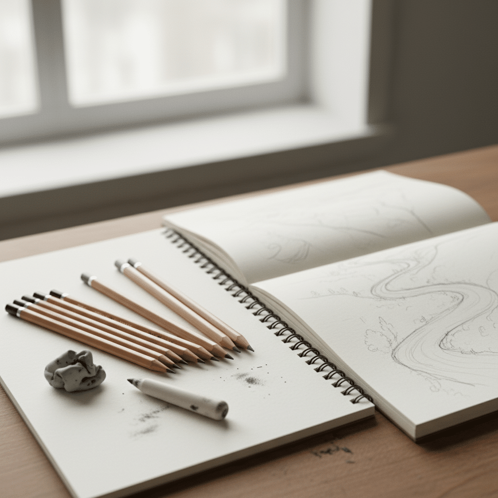 image Open sketchbook with landscape drawing, surrounded by pencils and eraser on a wooden desk. Perfect for art and creativity themes. | Sky Rye Design Open sketchbook with landscape drawing, surrounded by pencils and eraser on a wooden desk. Perfect for art and creativity themes.
