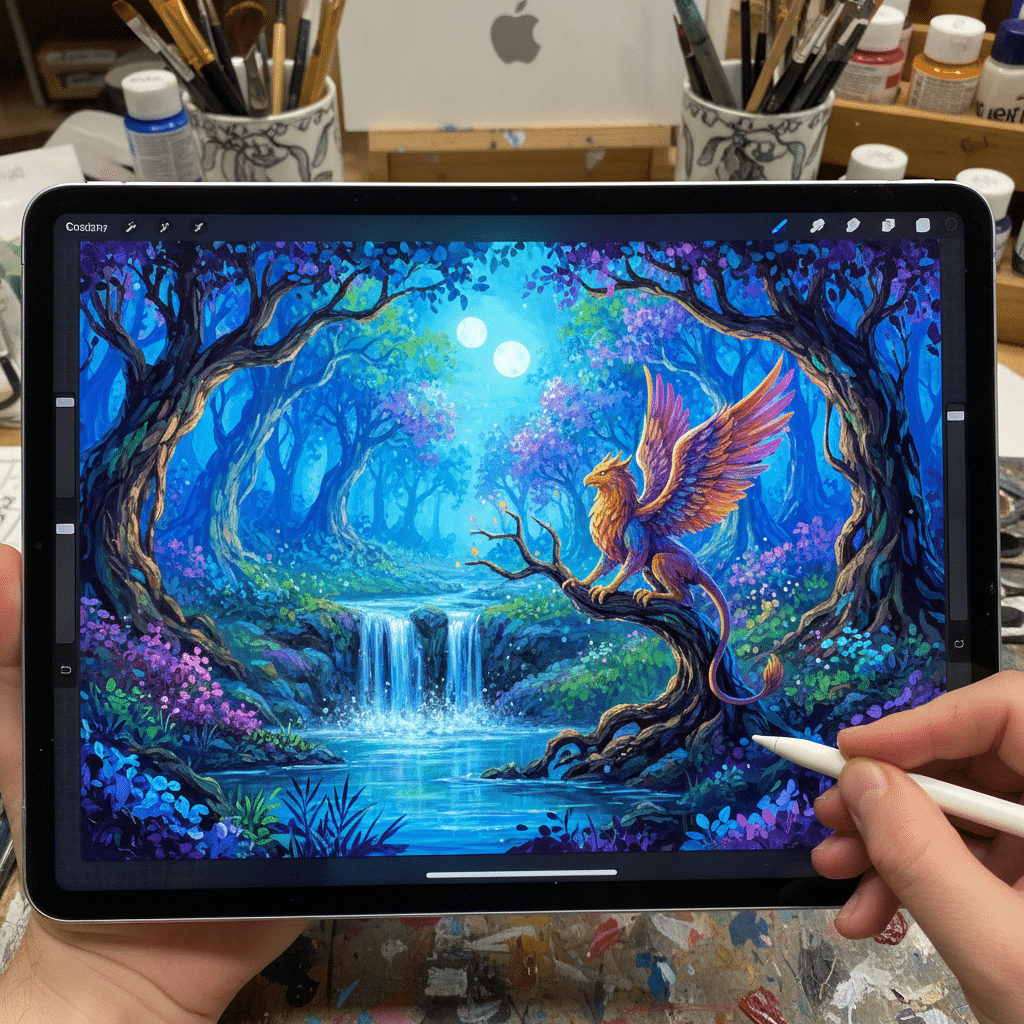 image Digital illustration of a griffin by a waterfall in a vibrant, fantasy forest, created on a tablet with stylus. | Sky Rye Design Digital illustration of a griffin by a waterfall in a vibrant, fantasy forest, created on a tablet with stylus.