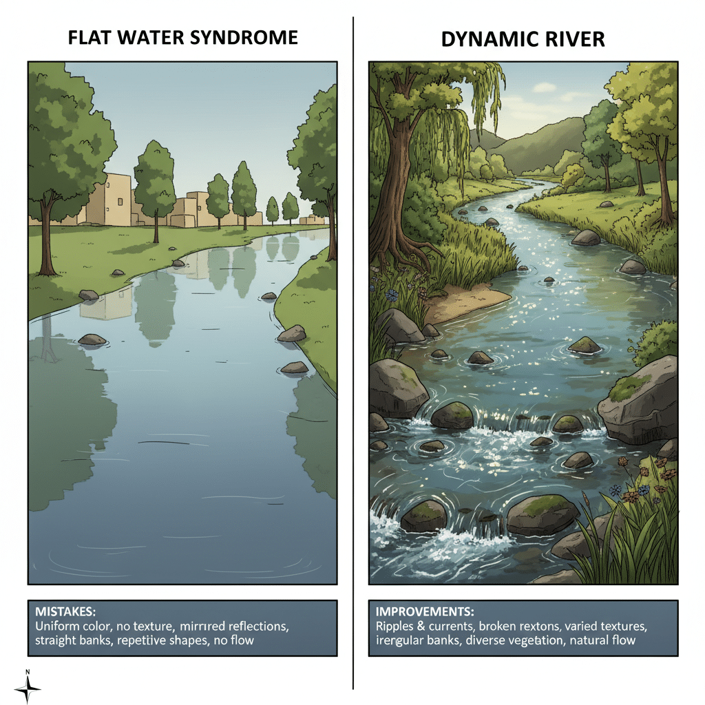 image Illustration comparing a flat, featureless river with a dynamic, textured river emphasizing natural flow and diverse vegetation. | Sky Rye Design Illustration comparing a flat, featureless river with a dynamic, textured river emphasizing natural flow and diverse vegetation.