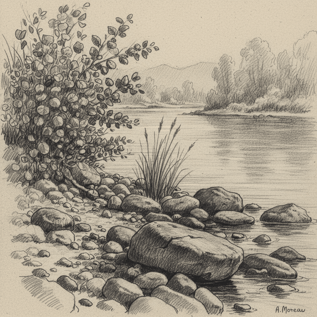 image Pencil sketch of a tranquil riverbank with rocks and lush bushes, framed by distant mountains and trees reflected in the calm water. | Sky Rye Design Pencil sketch of a tranquil riverbank with rocks and lush bushes, framed by distant mountains and trees reflected in the calm water.