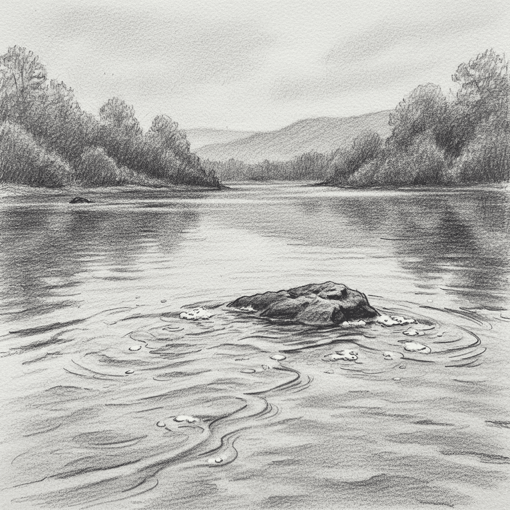image Pencil drawing of a tranquil river landscape with a rock in the foreground, surrounded by rippling water and distant forested hills. | Sky Rye Design Pencil drawing of a tranquil river landscape with a rock in the foreground, surrounded by rippling water and distant forested hills.