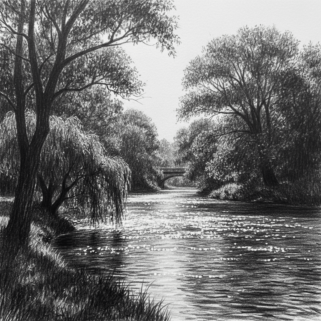 image Black and white drawing of a tranquil river scene with trees and a distant bridge, capturing shimmering water and peaceful nature. | Sky Rye Design Black and white drawing of a tranquil river scene with trees and a distant bridge, capturing shimmering water and peaceful nature.