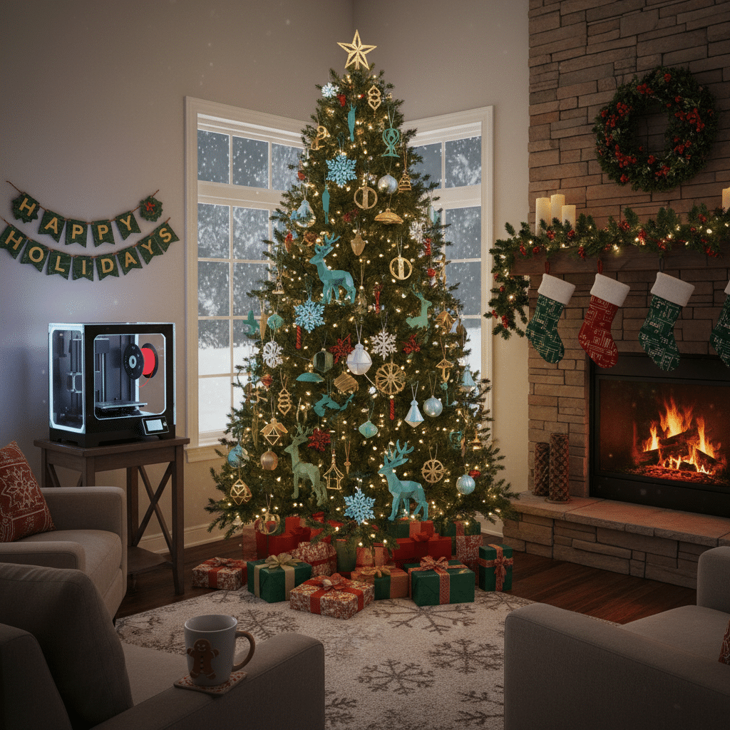 Cozy living room with decorated Christmas tree, presents, stockings, fireplace, and snow outside. Festive holiday ambiance.
