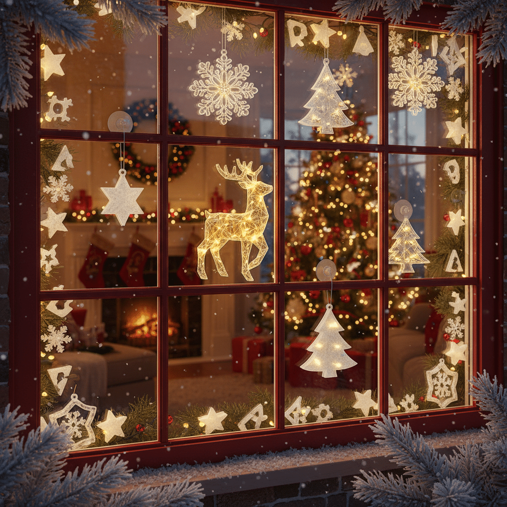 Festive holiday window with glowing reindeer and star decorations, overlooking a warm, Christmas-decorated living room with tree and fireplace.
