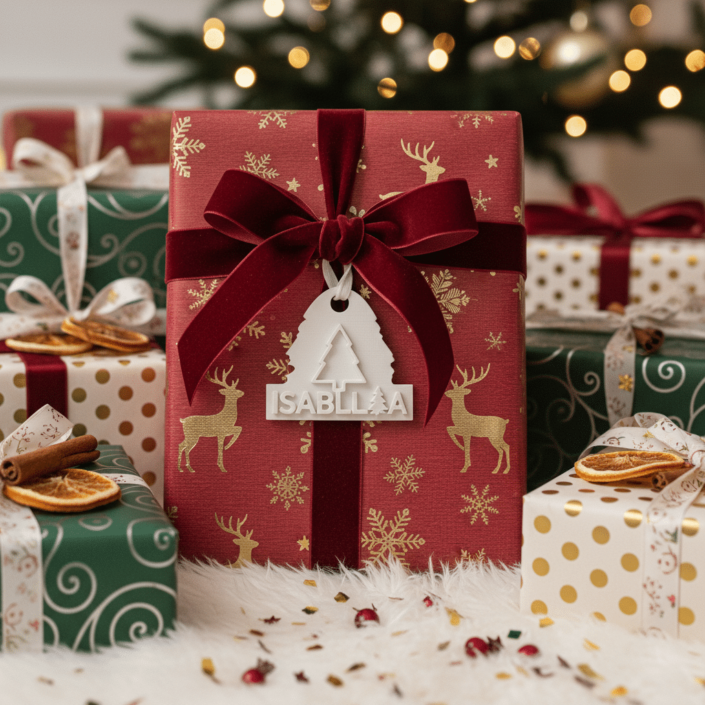 Christmas gift wrapped in festive paper with a red bow and custom name tag, surrounded by other presents under a lit tree.