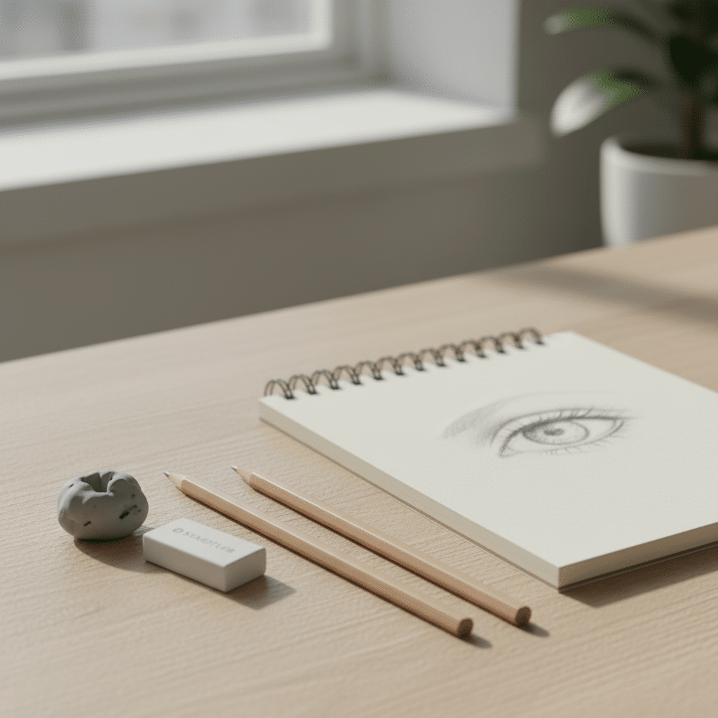 image Sketchbook with eye drawing, pencils, eraser, and putty on wooden desk near window. | Sky Rye Design Sketchbook with eye drawing, pencils, eraser, and putty on wooden desk near window.