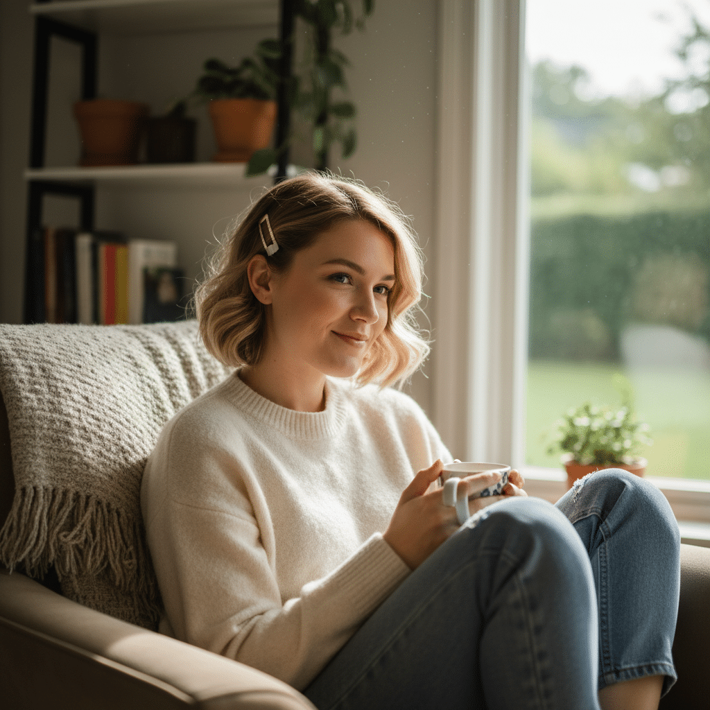 image Cozy woman in white sweater enjoying coffee by a window, surrounded by plants and books, embracing a calm morning ambiance. | Sky Rye Design Cozy woman in white sweater enjoying coffee by a window, surrounded by plants and books, embracing a calm morning ambiance.
