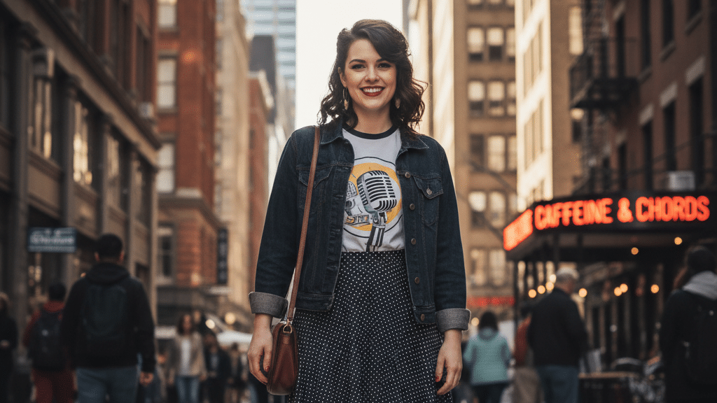 image Smiling woman in casual outfit strolling a bustling city street with vintage buildings and a lit café sign in the background. | Sky Rye Design Smiling woman in casual outfit strolling a bustling city street with vintage buildings and a lit café sign in the background.