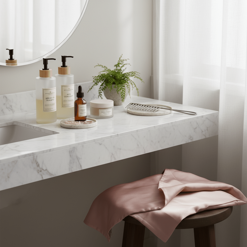 image Elegant bathroom vanity with skincare products, green plant, and pink silk cloth on marble countertop near a round mirror and soft lighting. | Sky Rye Design Elegant bathroom vanity with skincare products, green plant, and pink silk cloth on marble countertop near a round mirror and soft lighting.