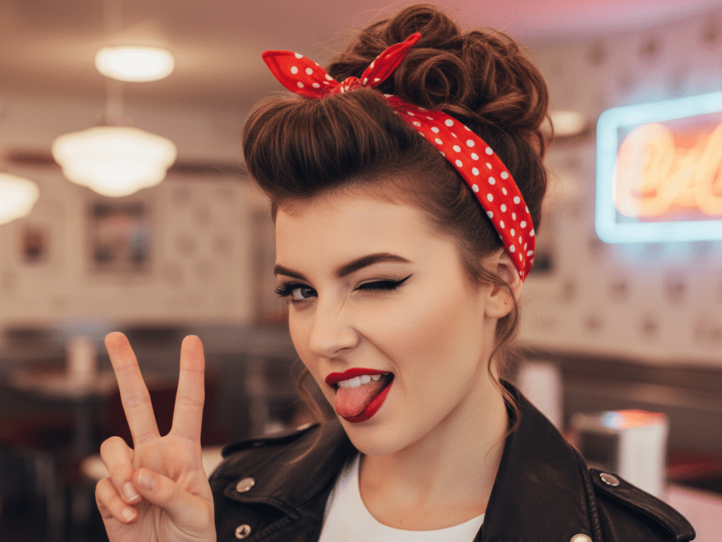 image Woman in a leather jacket winking, making a peace sign, wearing a red polka dot headband, playful expression. Retro diner background. | Sky Rye Design Woman in a leather jacket winking, making a peace sign, wearing a red polka dot headband, playful expression. Retro diner background.