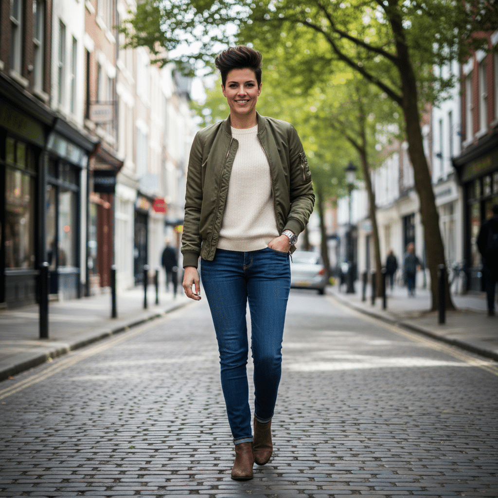 image Stylish woman walking confidently on a cobblestone street, wearing jeans and a green jacket, under a canopy of green trees. | Sky Rye Design Stylish woman walking confidently on a cobblestone street, wearing jeans and a green jacket, under a canopy of green trees.