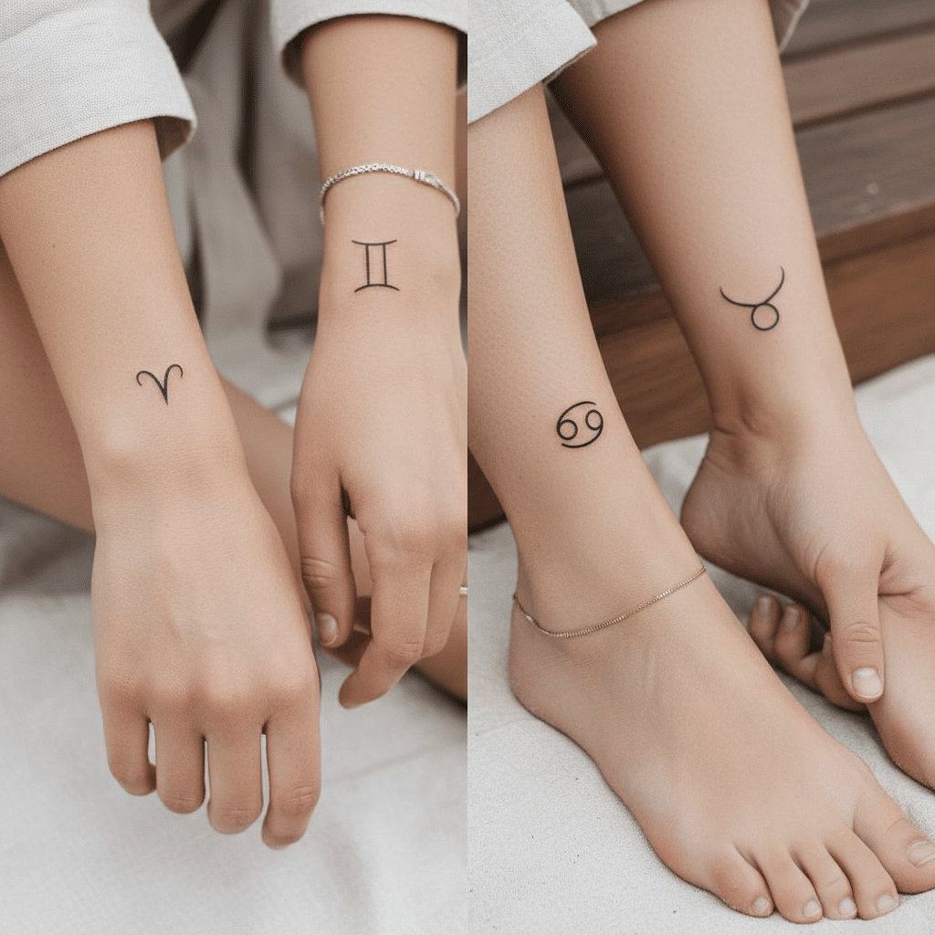 Minimalist zodiac symbol tattoos on arms and ankles, featuring Aries, Gemini, Taurus, and Cancer designs.
