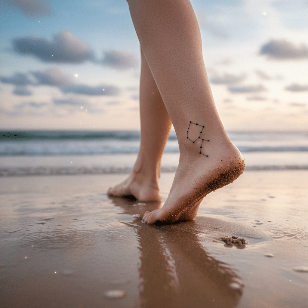 Feet with constellation tattoo on sandy beach at sunrise, reflecting on wet sand.