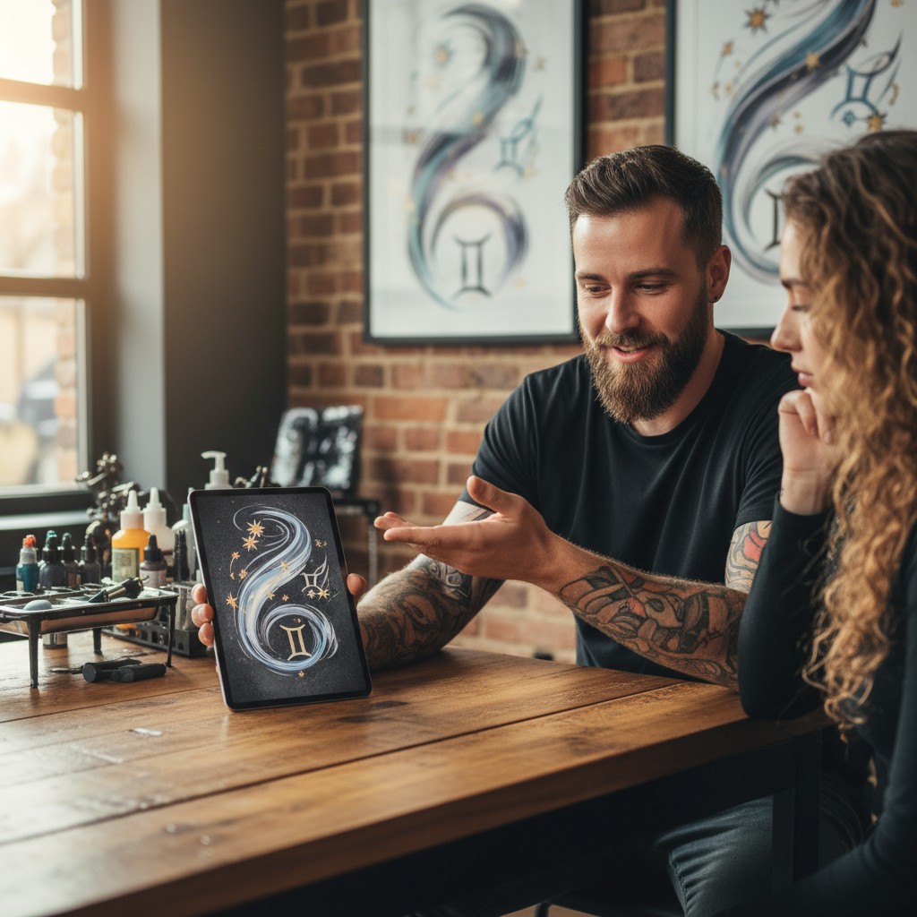 Man showing zodiac tattoo design on tablet to woman in art studio with tattoo equipment in the background.