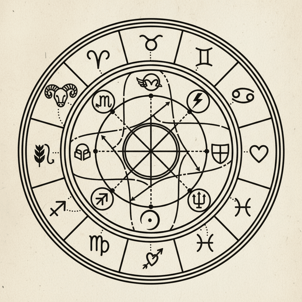 Zodiac wheel with twelve astrological signs and symbols on a beige background, showcasing astrology and zodiac elements.
