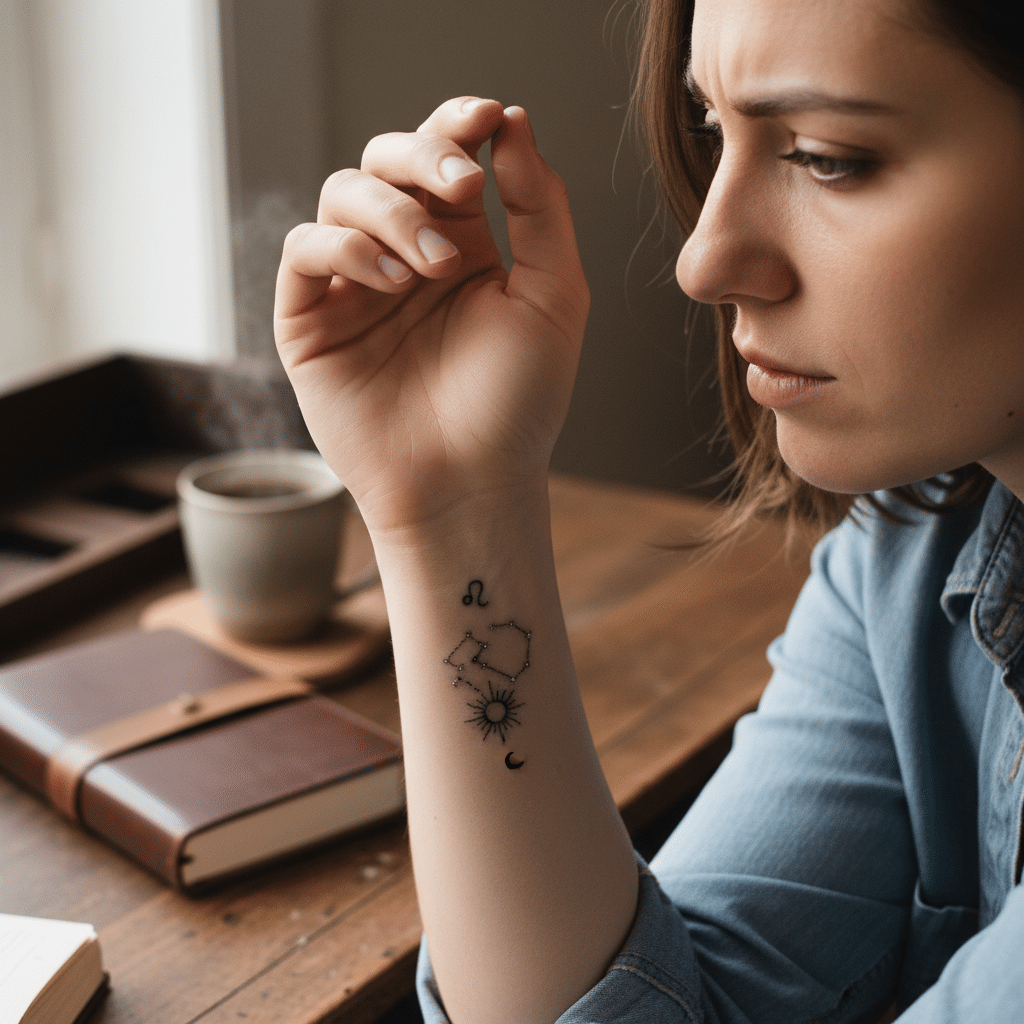 Woman with constellation tattoo, seated at a wooden table with coffee, book, and notebook, contemplating thoughtfully.