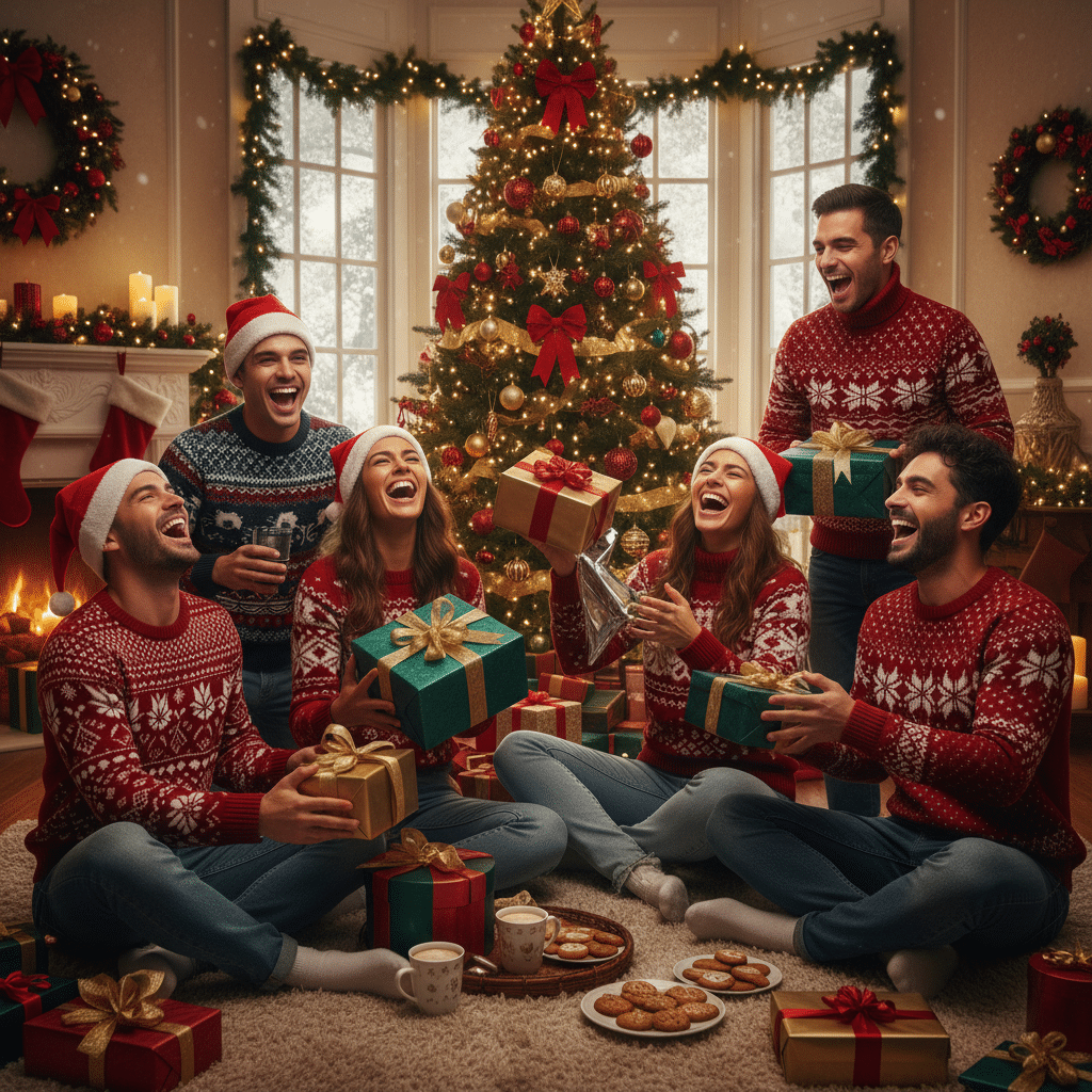 image Festive group celebrating Christmas, exchanging gifts by a decorated tree, wearing Santa hats and cozy sweaters, enjoying holiday cheer. | Sky Rye Design Festive group celebrating Christmas, exchanging gifts by a decorated tree, wearing Santa hats and cozy sweaters, enjoying holiday cheer.