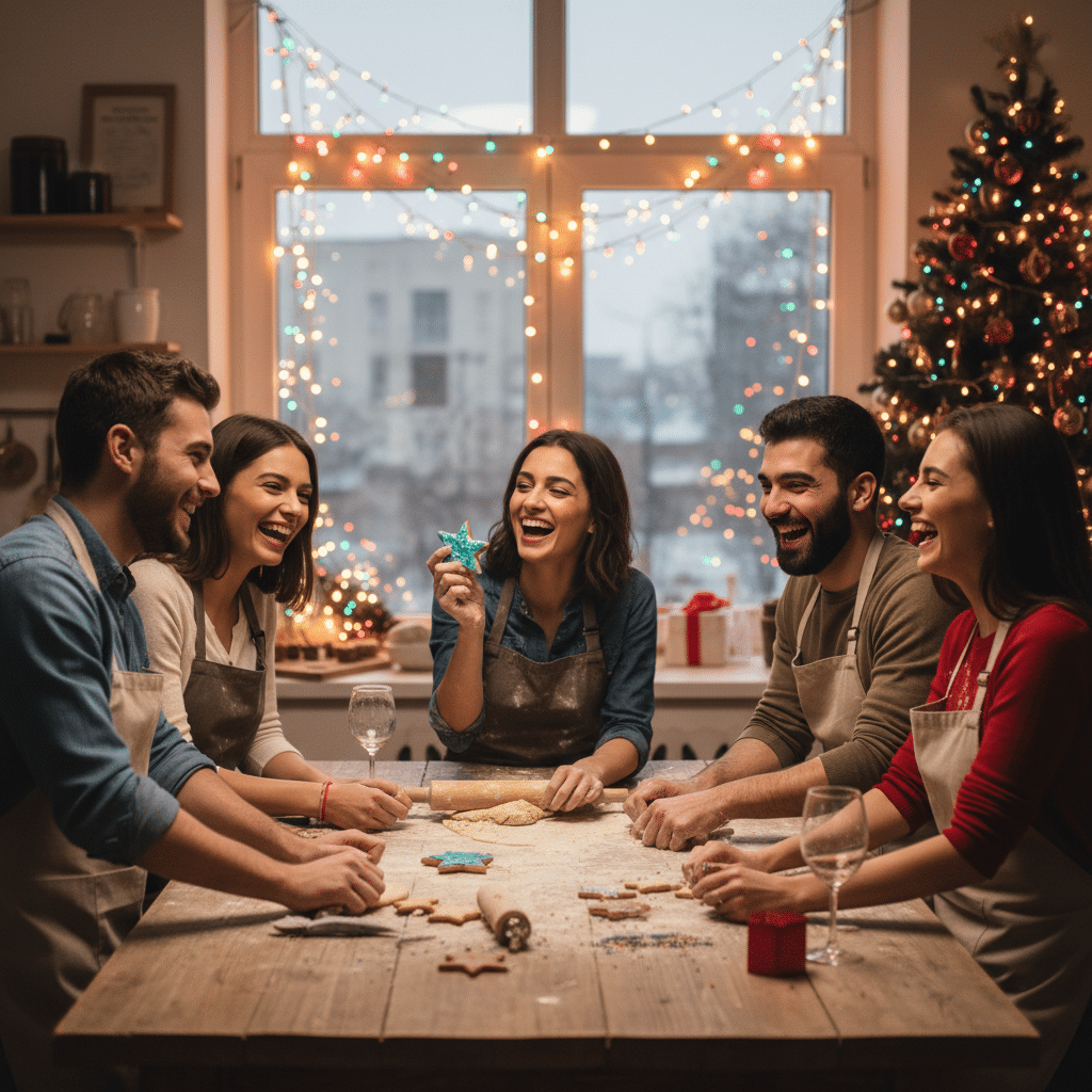 image Friends joyfully baking holiday cookies together, surrounded by festive decorations and a Christmas tree, sharing laughter and cheer. | Sky Rye Design Friends joyfully baking holiday cookies together, surrounded by festive decorations and a Christmas tree, sharing laughter and cheer.