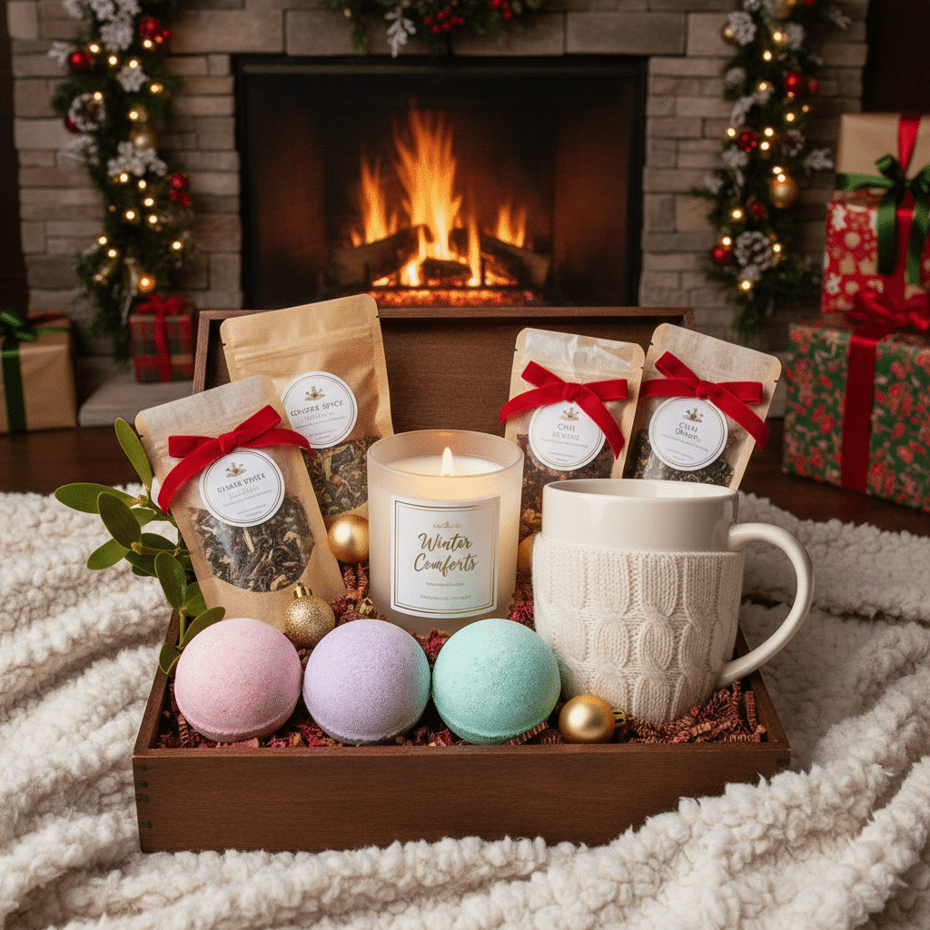 image Cozy holiday gift box with tea, candle, and bath bombs in front of a fireplace, surrounded by festive decorations. | Sky Rye Design Cozy holiday gift box with tea, candle, and bath bombs in front of a fireplace, surrounded by festive decorations.