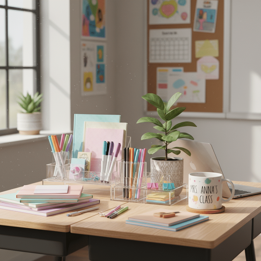 image Classroom desk with colorful stationery, a plant, and a Mrs. Anna's Class mug, set against a window and bulletin board background. | Sky Rye Design Classroom desk with colorful stationery, a plant, and a Mrs. Anna's Class mug, set against a window and bulletin board background.