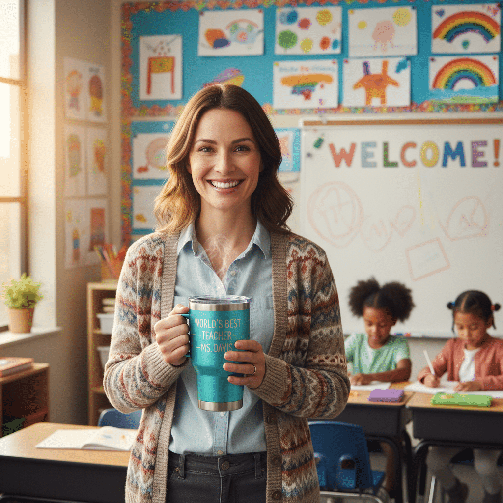 image Smiling teacher holding World's Best Teacher mug in a colorful classroom, with children working at desks in the background. | Sky Rye Design Smiling teacher holding World's Best Teacher mug in a colorful classroom, with children working at desks in the background.