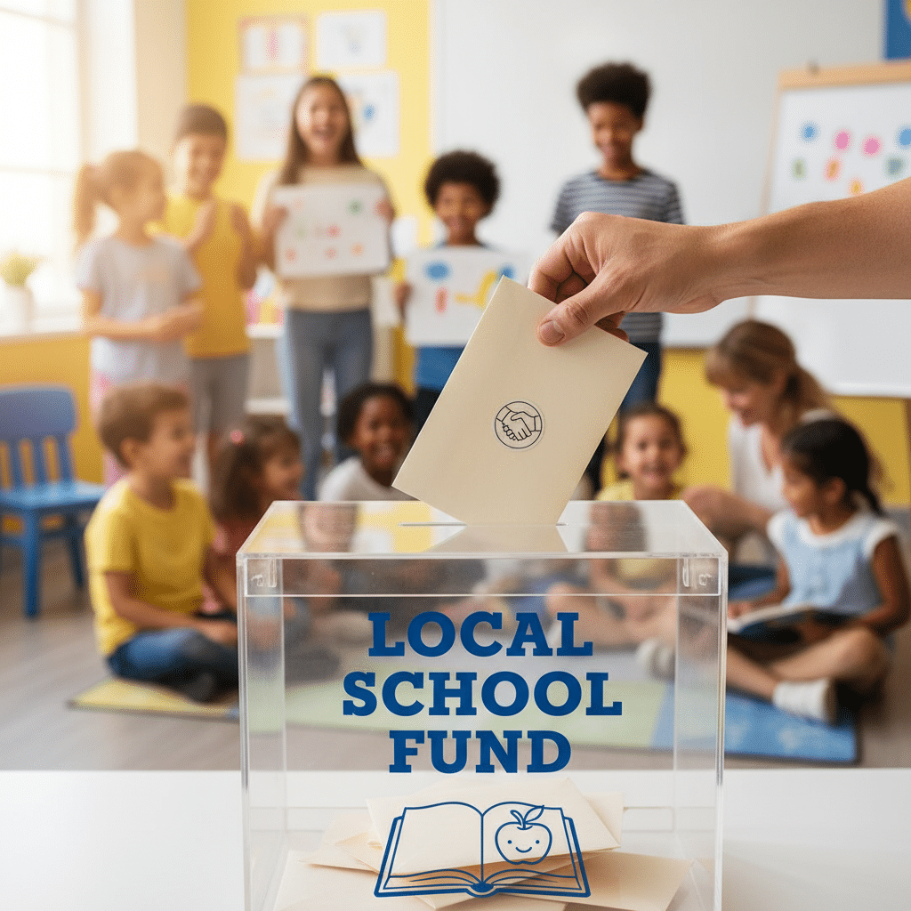image Hand donating to a clear box labeled Local School Fund in a classroom setting with happy, diverse students in the background. | Sky Rye Design Hand donating to a clear box labeled Local School Fund in a classroom setting with happy, diverse students in the background.
