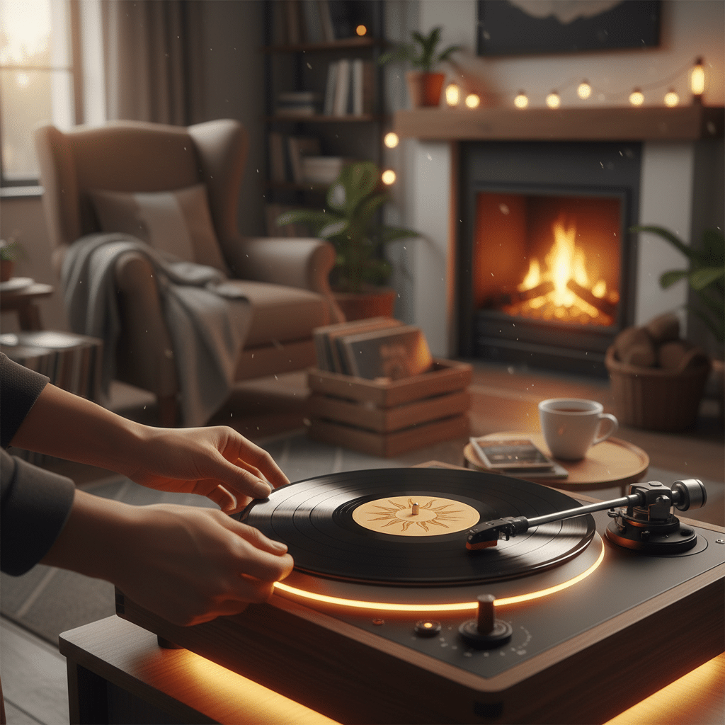 image Cozy living room with a vinyl record player, armchair, and fireplace, evoking a warm, nostalgic atmosphere perfect for relaxing evenings. | Sky Rye Design Cozy living room with a vinyl record player, armchair, and fireplace, evoking a warm, nostalgic atmosphere perfect for relaxing evenings.