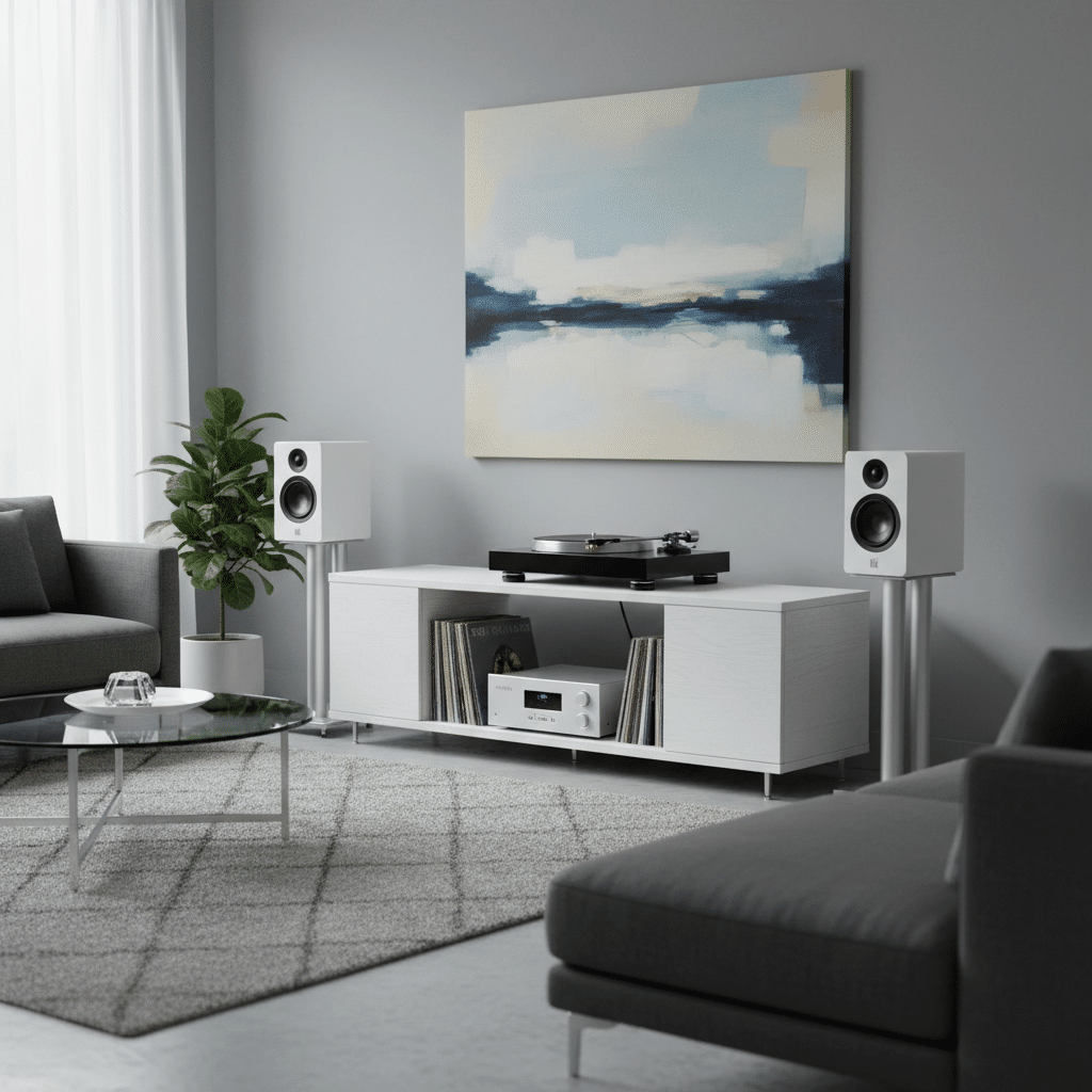 image Modern living room with a minimalist design, featuring a turntable, speakers, abstract art, gray sofas, and a plant. | Sky Rye Design Modern living room with a minimalist design, featuring a turntable, speakers, abstract art, gray sofas, and a plant.